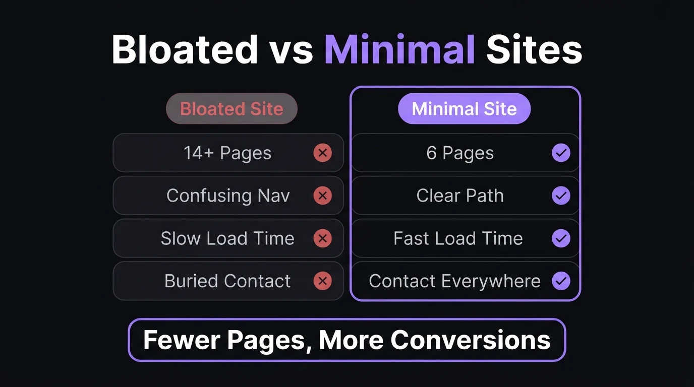 Bloated website with 14+ pages versus a minimal 6-page website: navigation clarity, load time and conversions compared